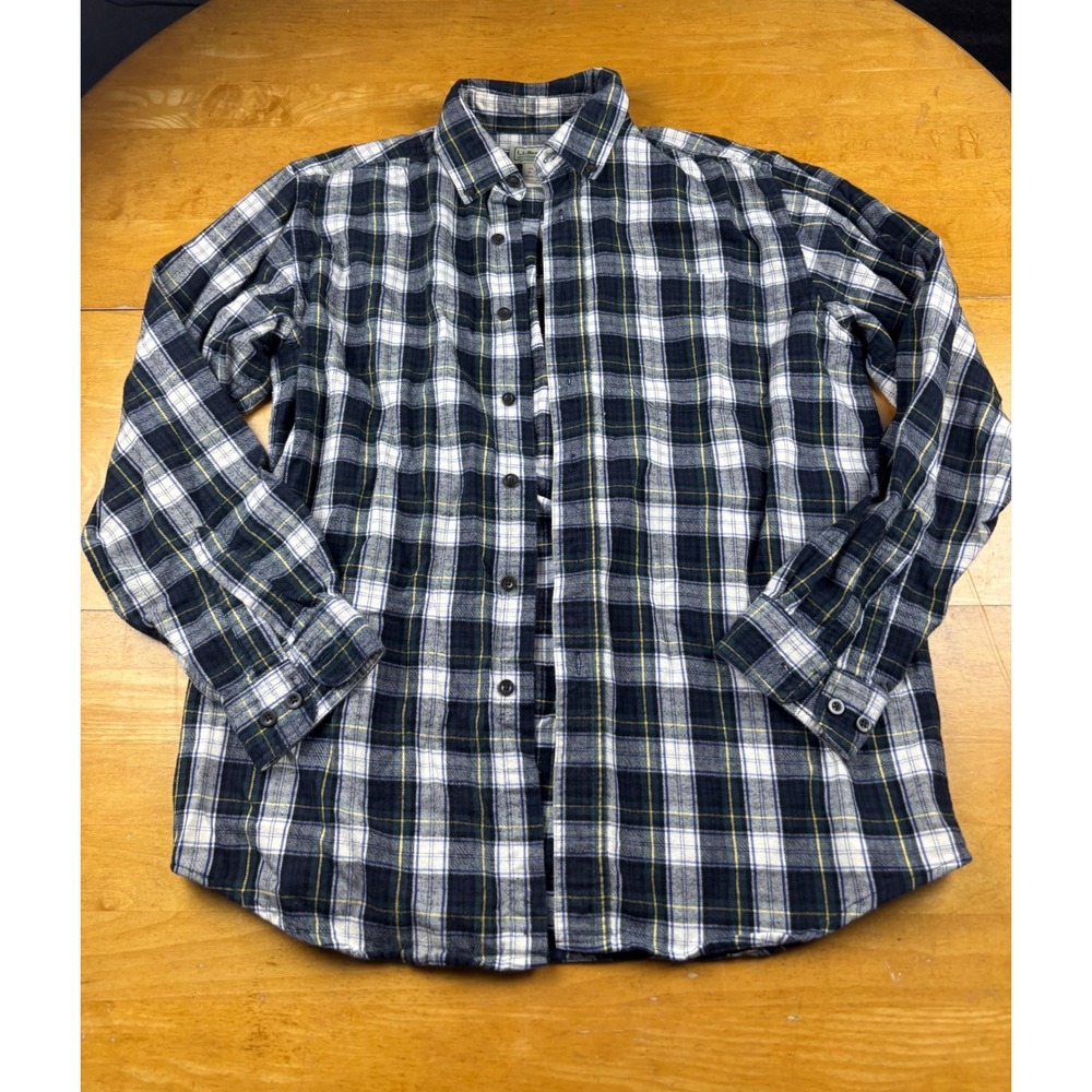 LL Bean Mens Flannel Shirt Medium Navy Blue White Yellow Plaid Cotton 228061